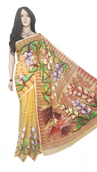 Yellow and mix colored hand painted full body work jamdani silk saree